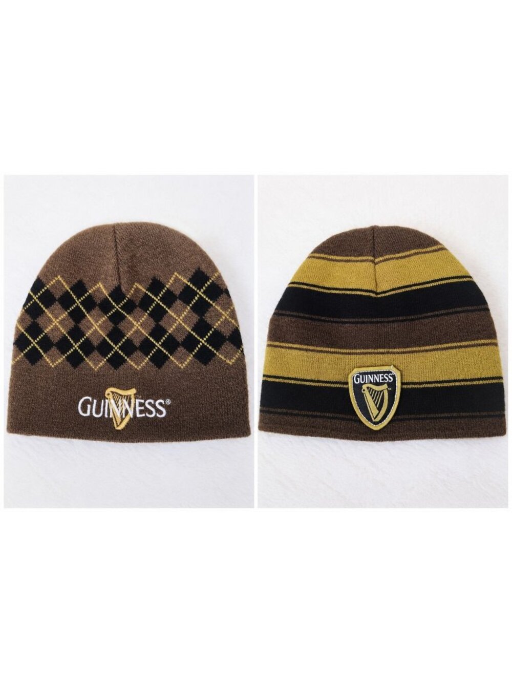 Guinness reversible Knit Beanie Brown Black Stripes/Argoyle Beer Irish Unisex OS